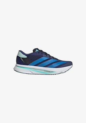 Zapatilla deportiva de running azul marino con rayas azul claro, detalles en negro, detalle en el talón color menta y suela gruesa blanca con ribete turquesa.