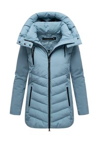 Light blue padded jacket with a high collar, zip closure, and side pockets. Features a quilted design with visible stitching and black accents.