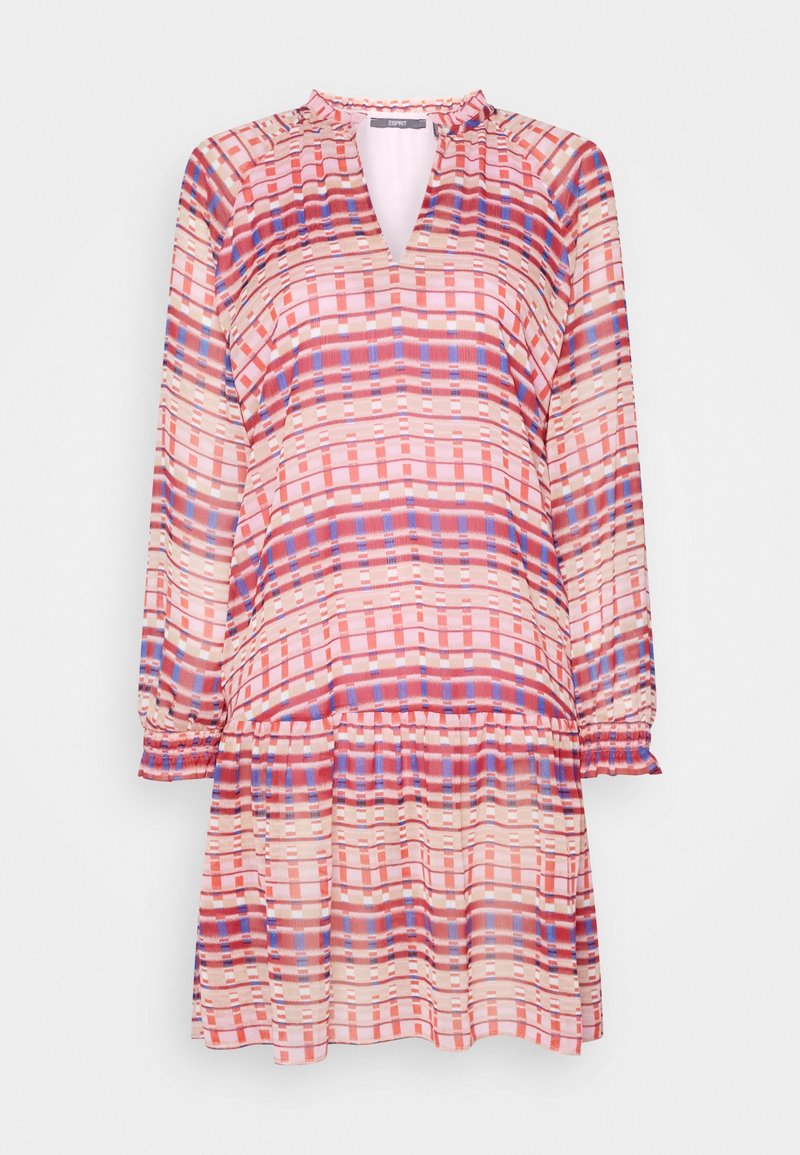 Robe à manches longues avec un décolleté en V, motif à carreaux rose et bleu, tissu léger et accents froncés aux manches et à l'ourlet.