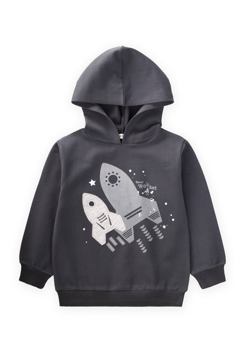 Sudadera con capucha de color gris oscuro con un gran gráfico de dos cohetes. Material de algodón suave, con detalles plateados y patrones de estrellas blancas. Bolsillo tipo canguro en la parte delantera.