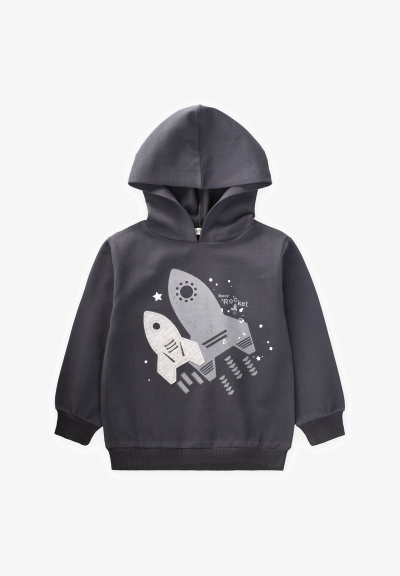 Felpa con cappuccio di colore grigio scuro, decorata con una grande grafica di due razzi. Realizzata in morbido cotone, presenta dettagli argentati e motivi a stelle bianche. Tasca a marsupio sul davanti.