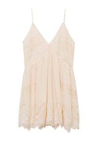 Vestido sin mangas color durazno pálido con escote en V, detalles de encaje a lo largo del busto y dobladillo, y tela fluida para un ajuste holgado.