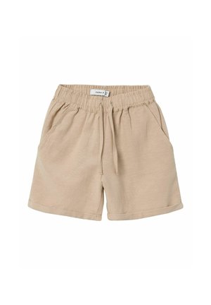 Beige elastiske shorts med snøre og sidelommer, lavet af blødt stof, velegnet til afslappet brug.