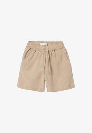 Beige elastiske shorts med snøre og sidelommer, lavet af blødt stof, velegnet til afslappet brug.