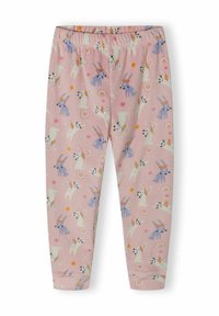 Leggings rosas hechos de tela suave con un patrón juguetón que presenta conejos, unicornios y arcoíris en varios colores. Cintura elástica.