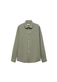 Camicia a maniche lunghe di colore verde oliva, realizzata in tessuto morbido. Presenta un colletto classico, chiusura centrale con bottoni e orlo dritto.