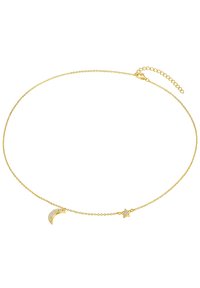 Aranylánc nyaklánc, amelyen félhold és csillag charm található, tiszta drágakövekkel díszítve, finom láncszemeivel és állítható kapoccsal.