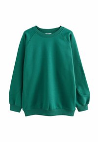 Ühtlane roheline pika varrukaga crewneck-sweatshirt ribitud varrukate ja äärisega, esitleb valgel taustal.