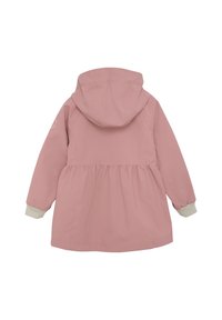Ružová nepremokavá bunda s kapucňou, elastickými manžetami a zviazaným pásom pre rozšírený strih. Hladká textúra a minimálne švy.