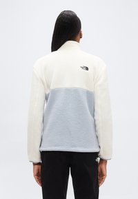 Ζακέτα από φλις με μισό φερμουάρ, που διαθέτει κρεμ χρώμα στο πάνω μέρος και ανοιχτό μπλε στο κάτω τμήμα, με λεπτομέρεια ένα μαύρο λογότυπο στην πλάτη.