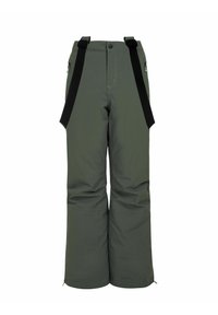 Pantaloni da sci resistenti all'acqua di colore verde scuro, con bretelle nere regolabili, tasche con zip e una vestibilità ampia.