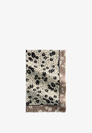 Seidenschal mit schwarzem Blumenmuster auf cremefarbenem Zentrum und beigem Rand, mit kleinen verstreuten Punkten und ausgefransten Kanten.