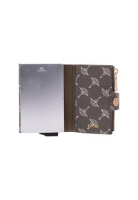 Portafoglio RFID-safe con esterno grigio testurizzato caratterizzato da motivi astratti bianchi, hardware in oro rosa e chiusura a zip.