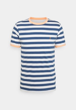 T-shirt à manches courtes avec col rond, rayures horizontales bleu et blanc et bordures couleur pêche au niveau du col et des manches.