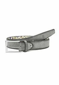 Gray leather belt with a textured finish, featuring a silver metal buckle and a patterned interior in shades of purple and green.