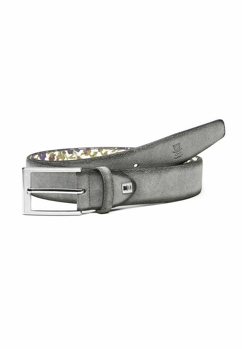 Gray leather belt with a textured finish, featuring a silver metal buckle and a patterned interior in shades of purple and green.