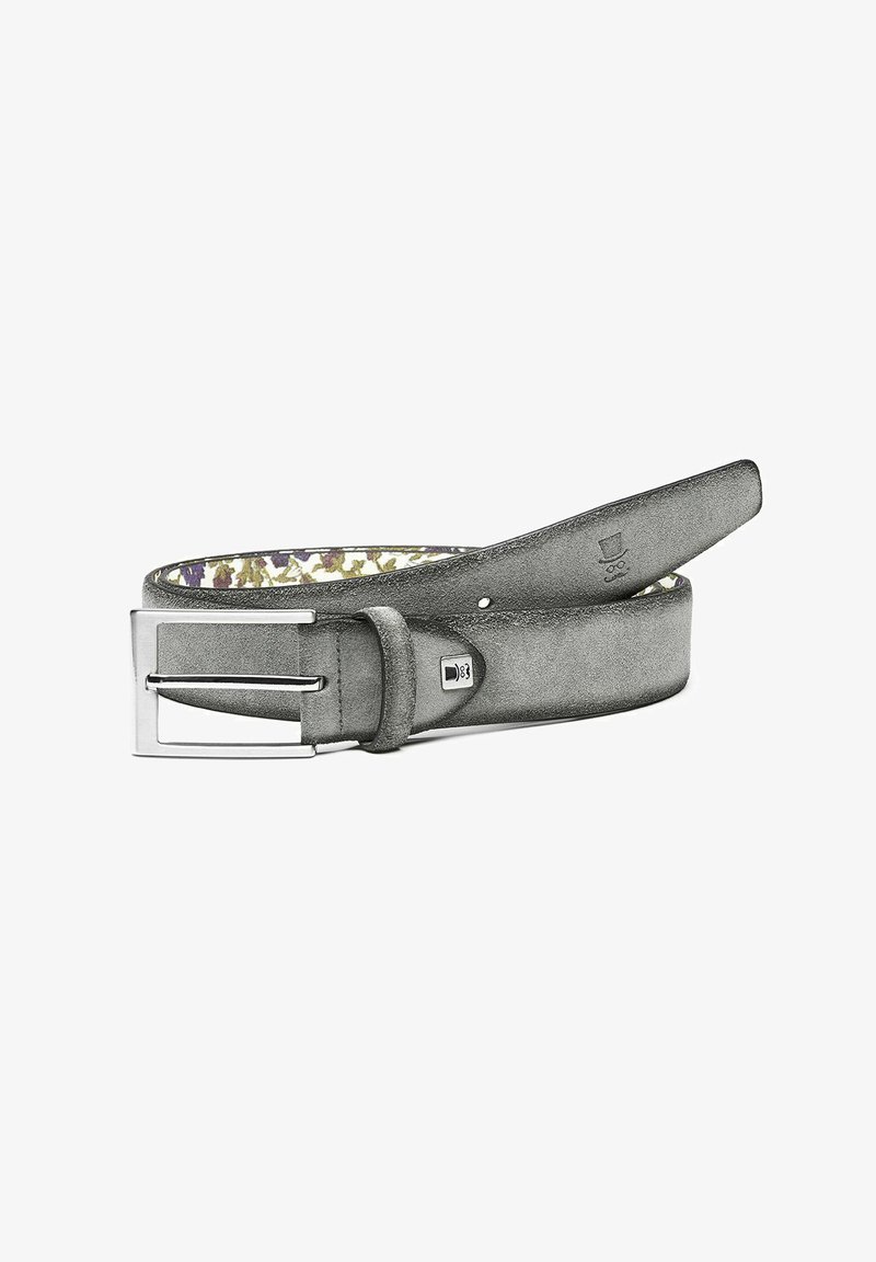 Gray leather belt with a textured finish, featuring a silver metal buckle and a patterned interior in shades of purple and green.