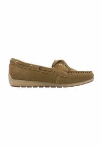 Chaussure de style mocassin en suède marron avec un bout arrondi, des coutures décoratives et des accents à lacets. Semelle flexible avec une semelle extérieure de couleur claire.
