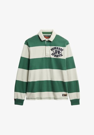 Polo a maniche lunghe con strisce verdi e crema, in materiale cotone, colletto con placca, logo ricamato "Superdry JPN Athletic" sul petto.