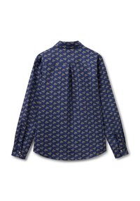 Maglietta a maniche lunghe blu navy con un piccolo motivo floreale dorato, polsini con bottoni e colletto classico con una texture liscia.