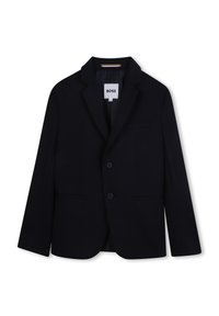 Marinblå blazer med notch lapel, tvåknappsfront och två sidofickor. Tillverkad av ett slätt tyg med en skräddarsydd passform. Etiketten visar "BOSS."