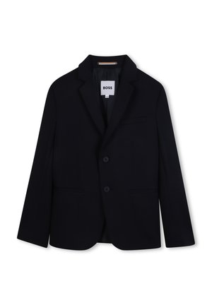 Blazer navy avec un col cranté, fermeture à deux boutons et deux poches latérales. Fabriqué en tissu lisse avec une coupe ajustée. Étiquette indiquant "BOSS."