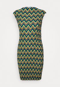 Strickkleid mit einem Zickzackmuster in Grün, Lila, Gelb und Blau. Ärmelloses Design, figurbetonte Silhouette und runder Ausschnitt.