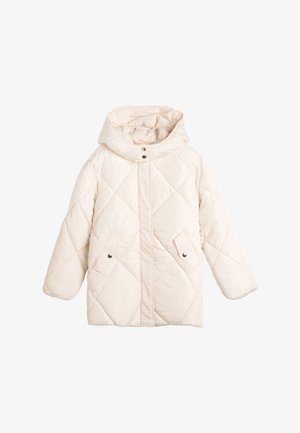 Steppjacke in off-weiß mit Kapuze, Druckknopfverschluss und zwei Fronttaschen mit Knöpfen. Weiche, glatte Textur.