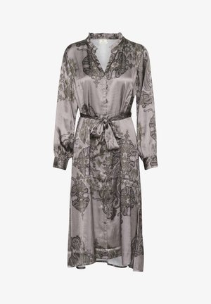 Rochie cu mâneci lungi, din satin gri, cu un model paisley și talie accentuată printr-un brâu. Are un închidere cu nasturi pe față și guler. Textură netedă și lucioasă.