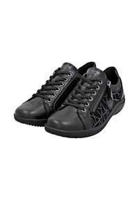Baskets en cuir noir avec des accents texturés, fermeture à lacets à l'avant, fermeture éclair sur le côté et motifs sur les côtés. Semelles en caoutchouc pour une meilleure adhérence.
