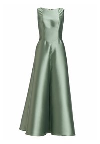 Abito verde in satin con corpino aderente, gonna svasata e scollo rotondo. Presenta una cerniera sul retro e una texture liscia e lucida.