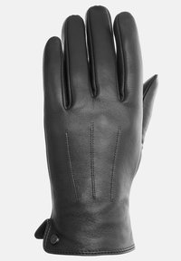 Sorte læderhandsker med fem fingre, udstyret med syede detaljer og en foldbar mansjet. Glat tekstur med en tætsiddende pasform.