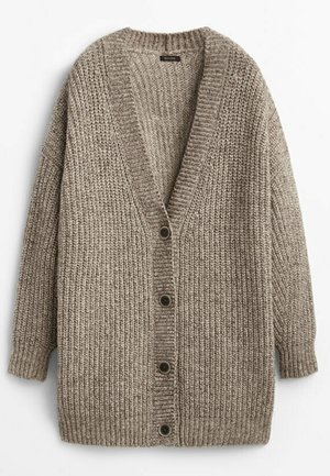 Chunky knit gray cardigan with V-neck, long sleeves, and four large buttons down the front, designed for warmth and casual wear.