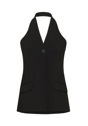 Fekete, nyakbakötős blézermellény egy elülső gombbal és két elülső zsebfedővel, testre szabott szabás fehér háttéren.