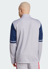 Chaqueta deportiva de color gris claro con mangas azul marino. Presenta un cuello alto y rayas de acento blancas en los puños. Textura suave.