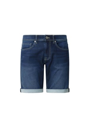 Denim shorts in dark blue with stitched detailing, rolled cuffs in lighter blue, five-pocket design, and a front button closure.