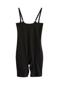 Musta bodysuit, joka on valmistettu joustavasta materiaalista. Siinä on säädettävät olkaimet, pyöreä pääntie ja puoliväli-reiteen ulottuva pituus, jossa on avonainen haara.
