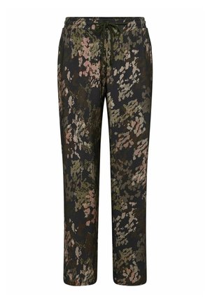Sorte snorebukser med olivengrønne, pink og beige abstrakte blomsterkamuflage-mønster og elastisk taljebånd.