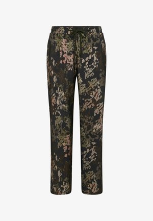 Sorte snorebukser med olivengrønne, pink og beige abstrakte blomsterkamuflage-mønster og elastisk taljebånd.