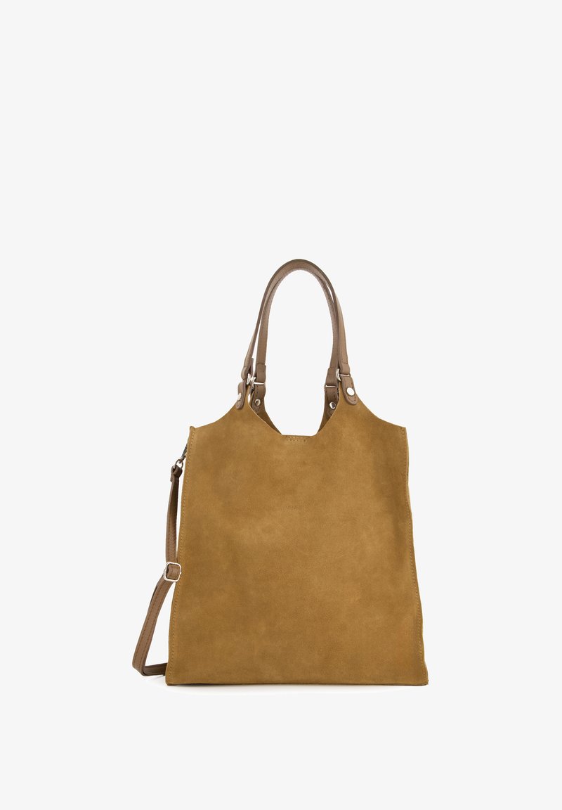 Tan ruskinds tote taske med en glat overflade, dobbelte håndtag og justerbar rem. Funktioner et minimalistisk design og åbning fra toppen.