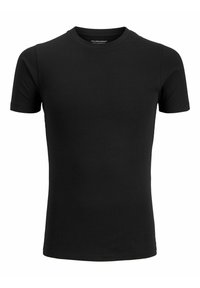 Schwarzes T-Shirt mit kurzen Ärmeln aus Baumwolle, mit einem runden Ausschnitt und einer glatten Textur ohne sichtbare Muster oder Hardware-Details.