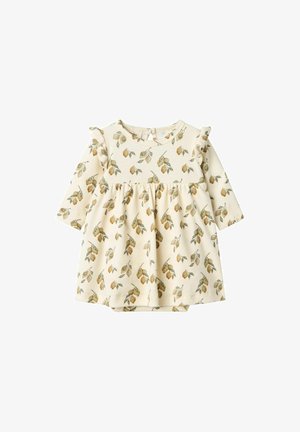 Abito color crema con maniche a volant, caratterizzato da una stampa di foglie gialle e verdi su tutta la superficie. Realizzato in tessuto a costine, ha un collo rotondo.