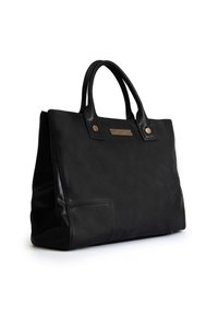 Zwarte leren schoudertas met dubbele handvatten, rechthoekige vorm, subtiele stiksels en een vooraccent van kleine metalen studs.