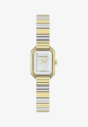 Kuldse ja hõbedase kahetooniline ristkülikukujuline Ferragamo käekell valge sihverplaadi, kuldsete osutite ja Swiss Made märgisega.