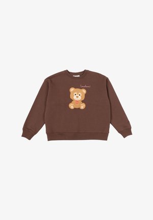 Felpa marrone con design ricamato di un orsetto sul davanti. Presenta polsini e orlo a coste, realizzata in morbido tessuto testurizzato.