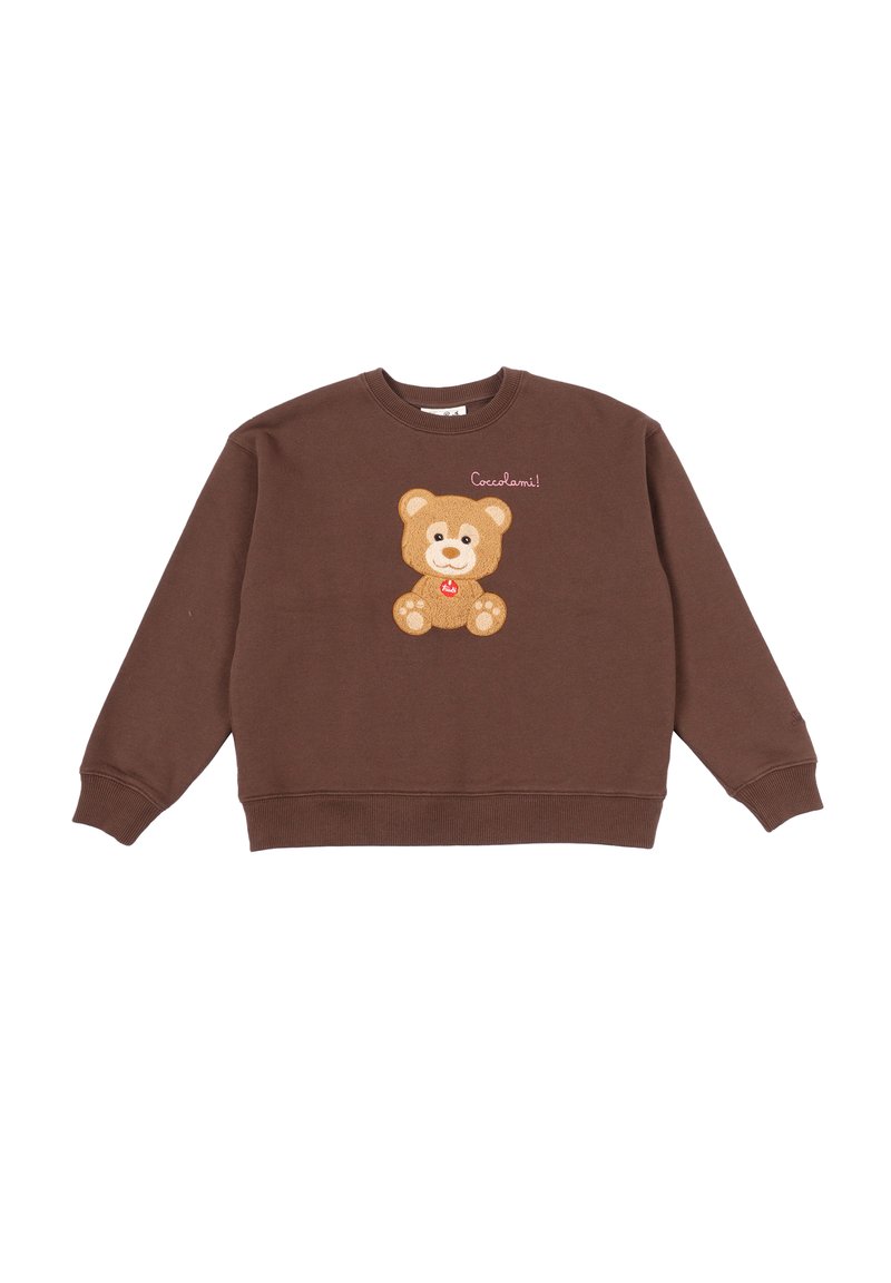 Felpa marrone con design ricamato di un orsetto sul davanti. Presenta polsini e orlo a coste, realizzata in morbido tessuto testurizzato.