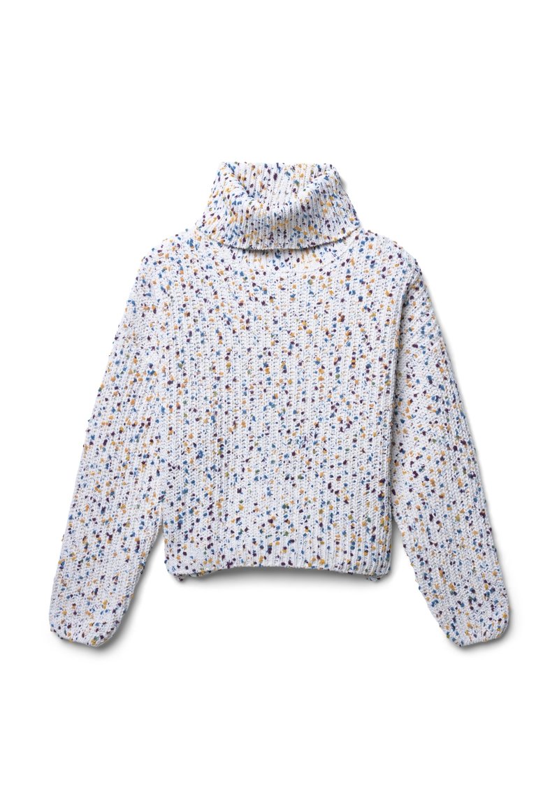 Knit turtleneck sweater in white with multicolored speckles. Boxy fit with dropped shoulders and ribbed cuffs. Soft texture.