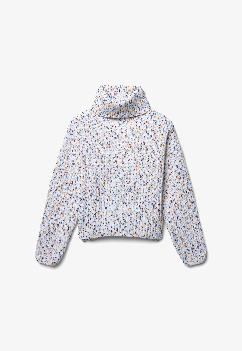 Weißer Strickpullover mit Rollkragen und mehrfarbigen Sprenkeln. Boxy-Passform mit überschnittenen Schultern und gerippten Bündchen. Weiche Textur.