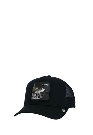 Black baseball cap with mesh back, featuring a patch of a snake and the word "OUTLAW" on the front.