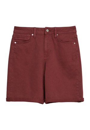 Maroonfarbene Denim-Shorts mit Frontknopf, Reißverschluss, Gürtelschlaufen, zwei Vordertaschen und umgeschlagenen Säumen.